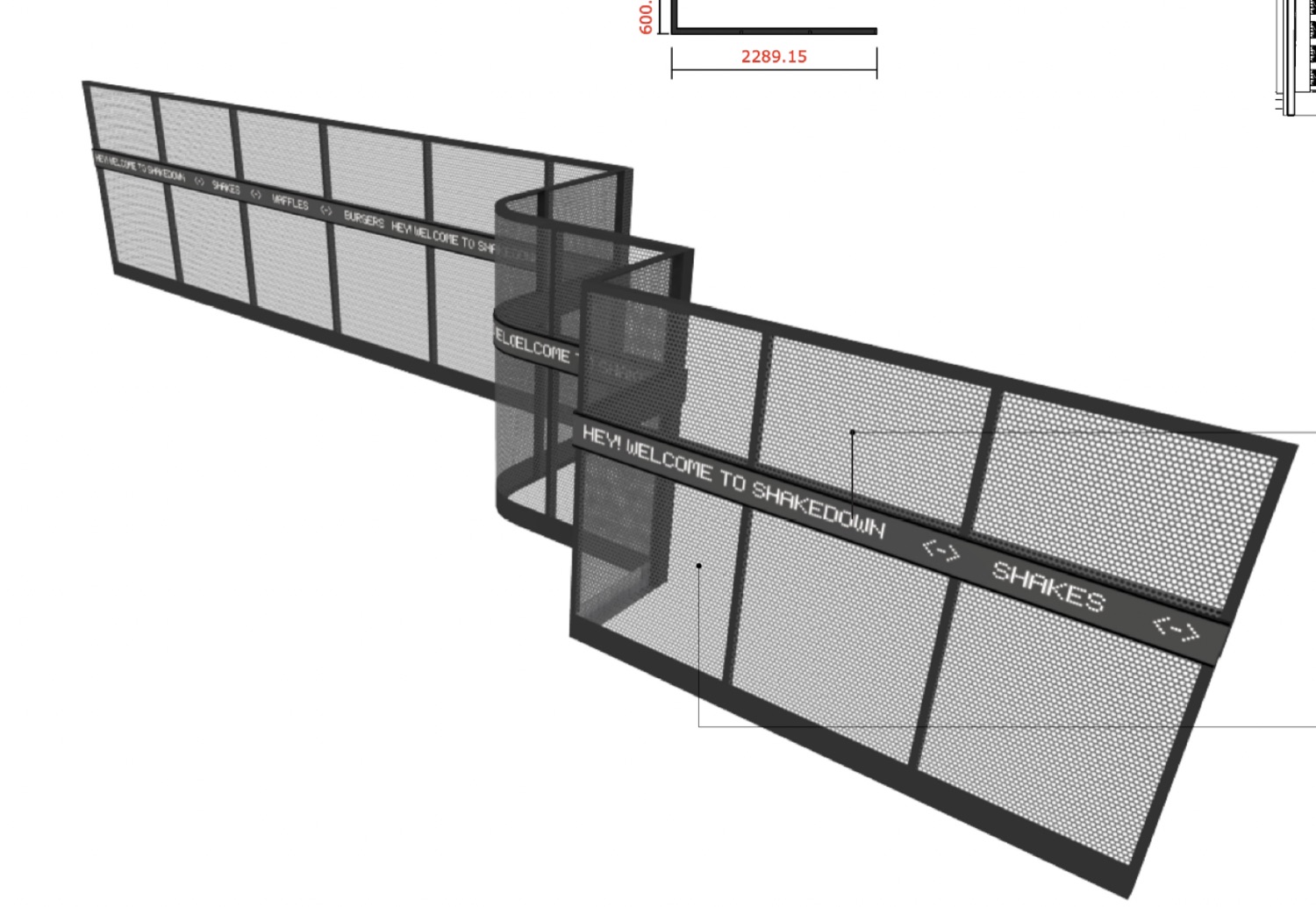 Dimensioned 3D concept model of the ticker framework and its run of panels