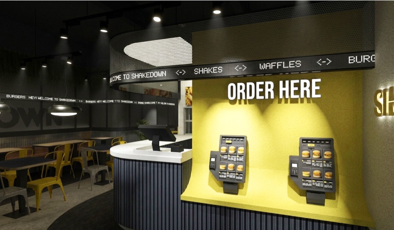 Concept render of the Shakedown servery with the ticker running above the order point