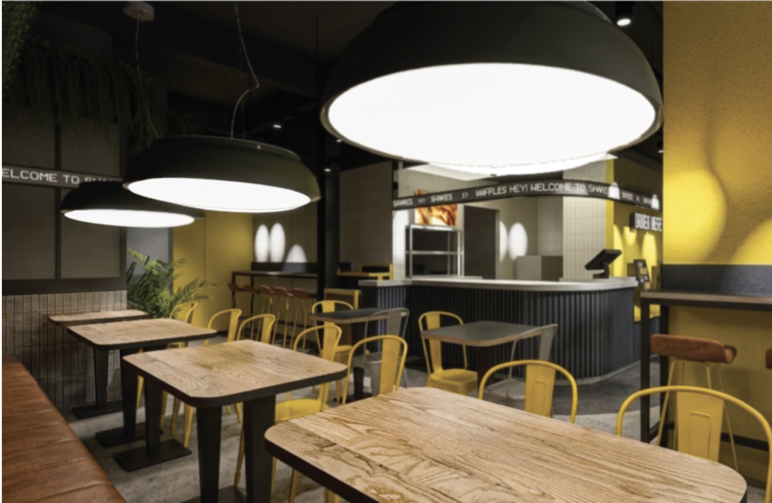 Concept render of the dining area with the ticker carried along the feature wall