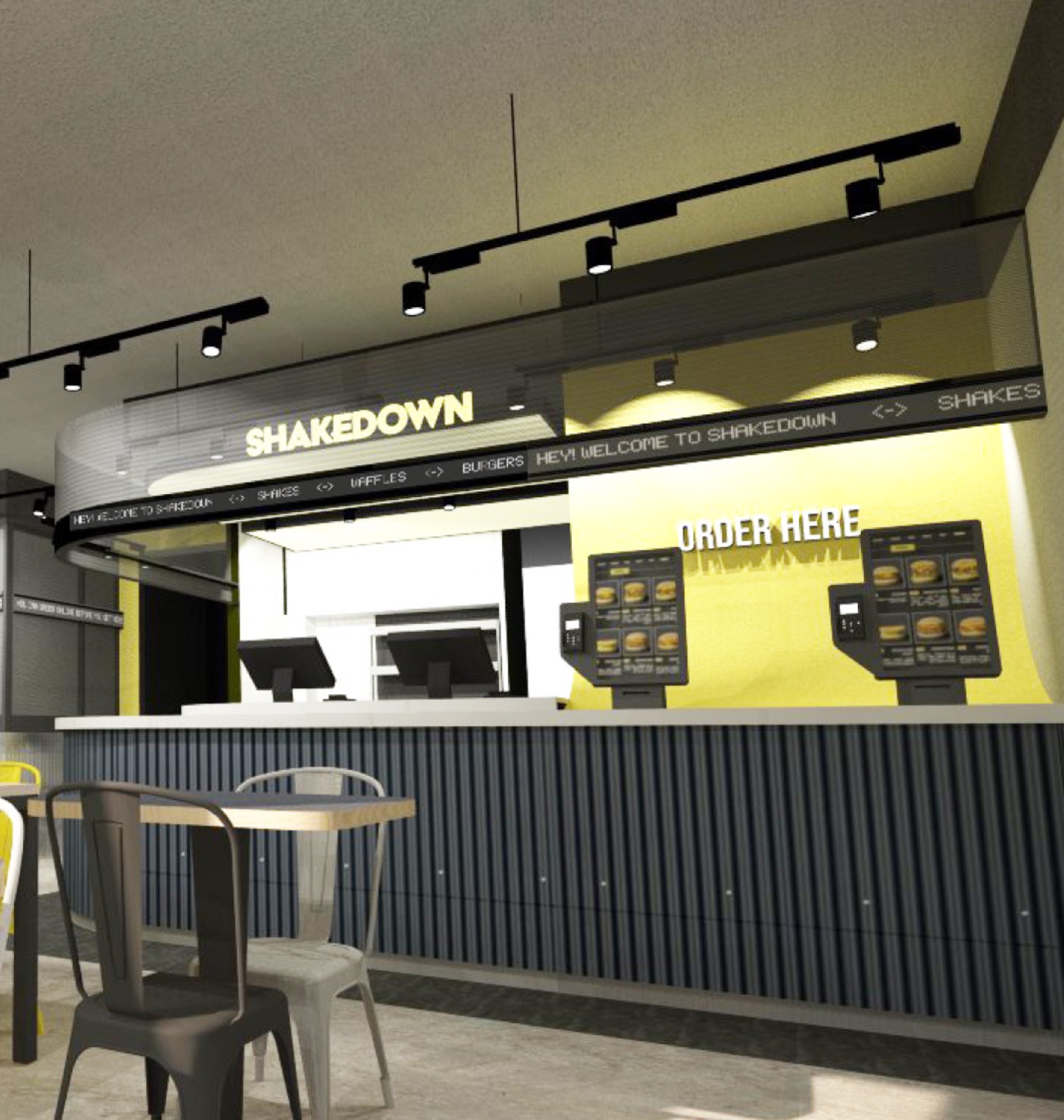 Concept render of the counter and SHAKEDOWN feature wall seen from the seating