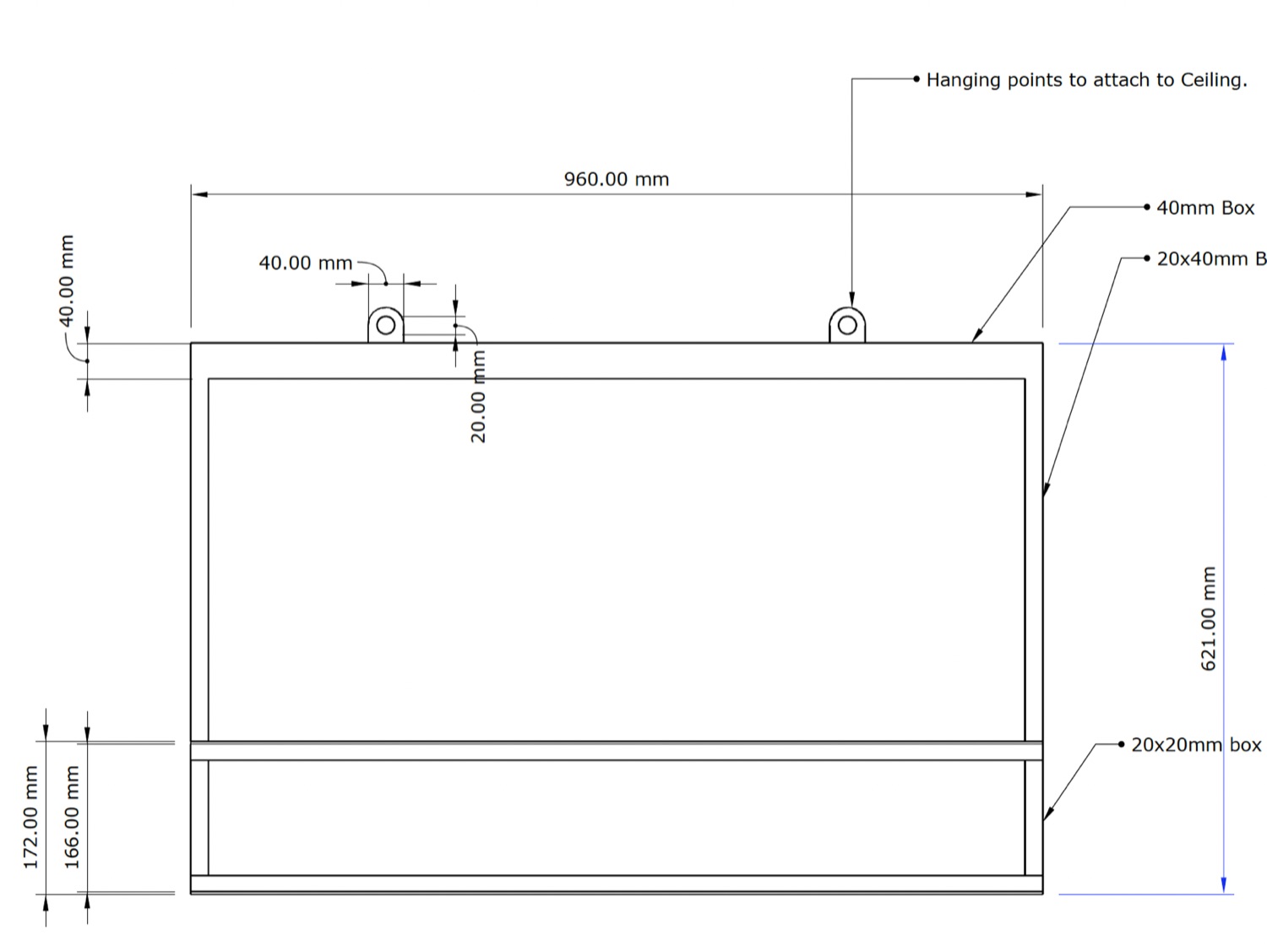 Engineering drawing of a ticker frame panel with its hanging points and box section sizes