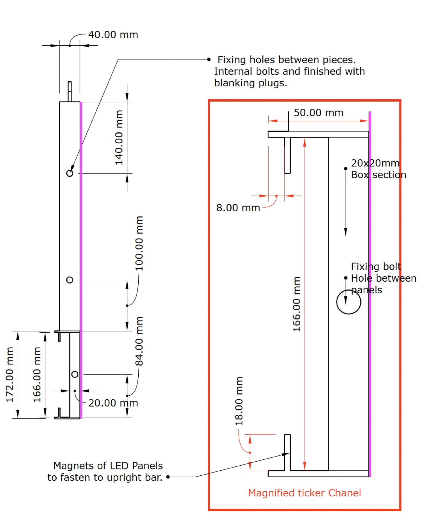 Detail drawing of the ticker channel showing the magnets that hold the LED panels