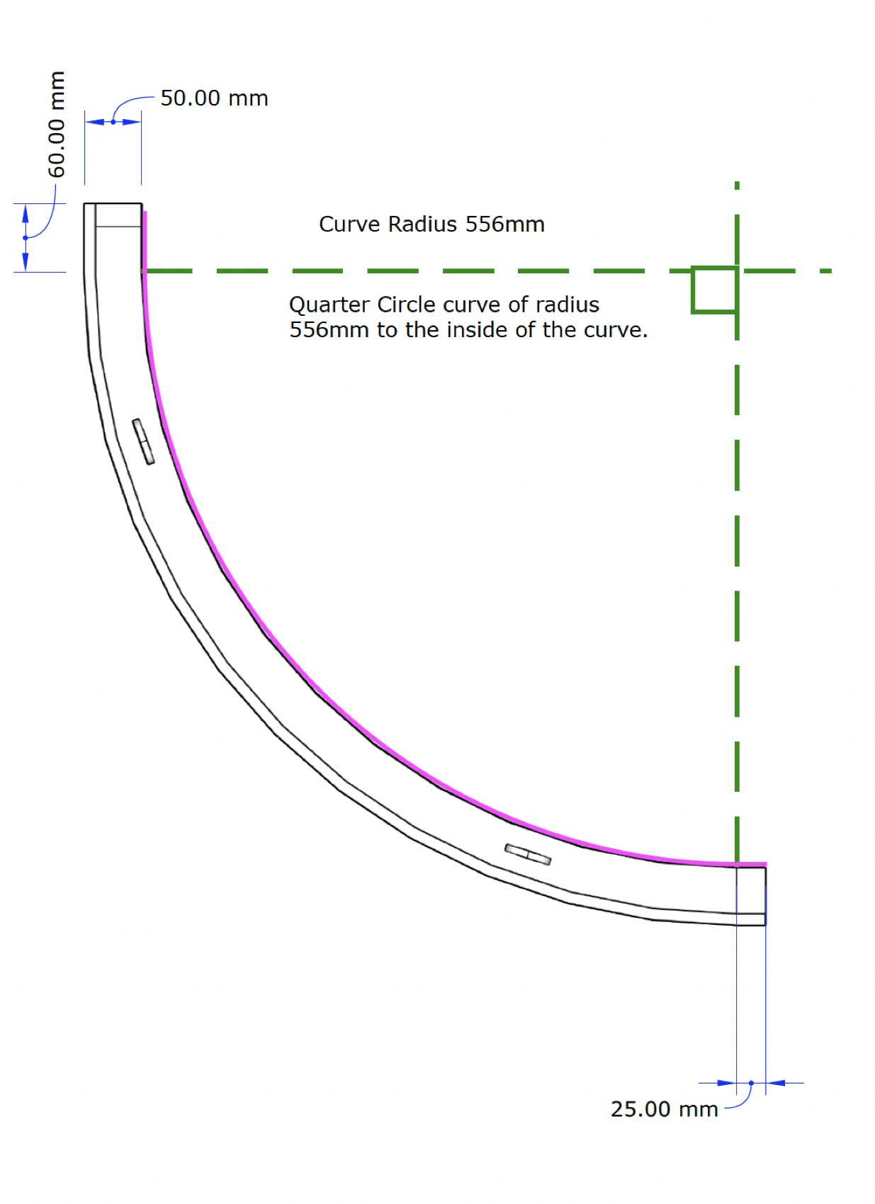 Drawing of the curved corner set out as a quarter circle of 556mm radius