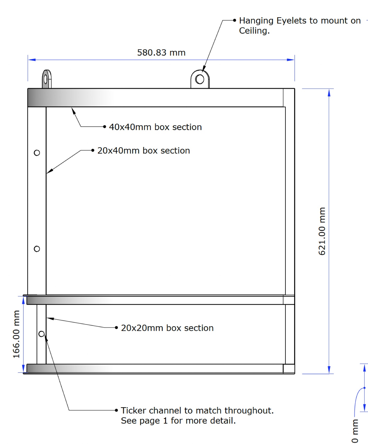 Engineering drawing of the narrower frame panel and its hanging eyelets